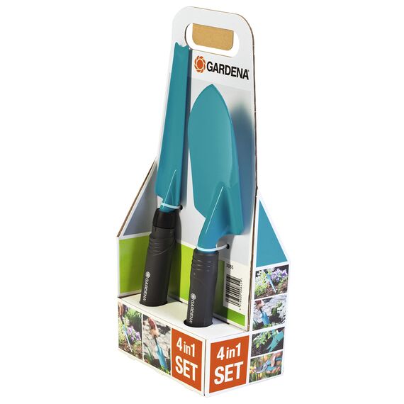 Gardena Grundausstattung Kleingeräte Aktion: 4-teiliges Gartenset für die Gartenpflege, universelle Gartenschere, stabile Blumenkelle, Unkrautstecher, atmungsaktive Gartenhandschuhe 8/M (8965-30)