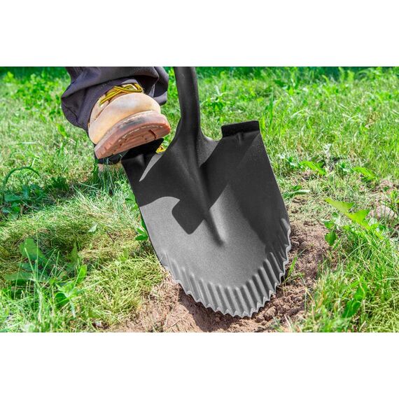 VERTO Gärtnerspaten Spitz Spaten mit wurzelsäge 125 cm Länge | Schaufel für Harte, steinige Böden | Fiberglasstiel, gehärteter Kopf, Rutschfester Griff, Profi T-Rex