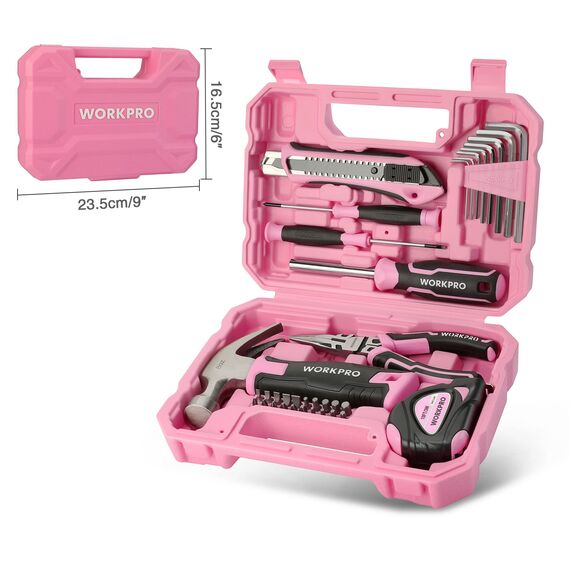 WORKPRO Werkzeugset 35tlg. Rosa Werkzeugsatz, Werkzeugkoffer bestückt, tägliche Werkzeuge, mit Schraubendreher, Zange, Maßband, Innensechskantschlüssel für Heimbedarf, Geschenk für DIY-Anfänger