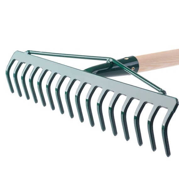 KADAX Rechen, breite Harke für Garten, Beet, Rasen, Gartenharke, Bügelrechen, Rasenrechen aus Metall, Laubrechen, Laubbesen, Gartengerät, Heurechen, Gartenwerkzeug (16 Zinken, Holzstiel)