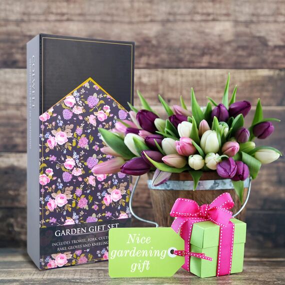 Colwelt Blumen-Gartenwerkzeug-Set, 6-teilig, Garten-Set mit schönem Aufdruck, Gartengeschenke für Frauen mit Umpflanzkelle, Gabel, Handrechen, Kultivator, Gartenhandschuhe und Knieunterlage