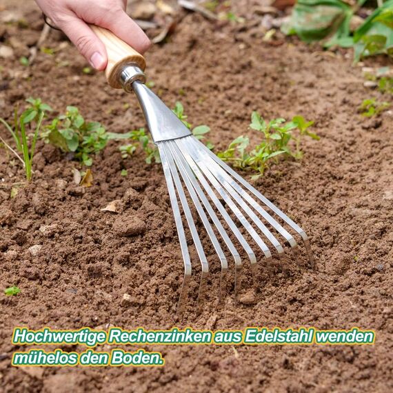 Berry&Bird Laubbesen mit kurzem Stiel, 37.3 cm Rechenbesen aus Edelstahl, Garten-Rechen mit Stiel aus Eschenholz, Kleinbesen für Rasen, Hand-Fächerbesen mit 9 Zinken für Garten Terrasse