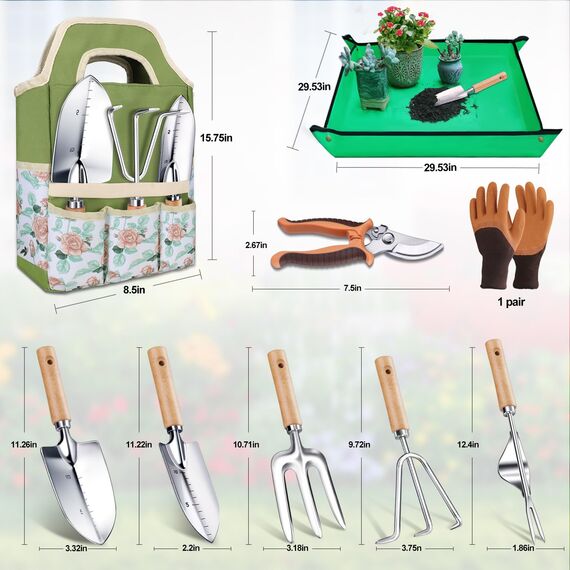 Kynup Gartenwerkzeug, 9-Teiliges Gartenwerkzeug-Set, Gartenset aus Edelstahl, Rostfreies Gartengeräte Geschenkset mit Robuster Aufbewahrungstasche, Ergonomischer Anti-Rutsch-Griff