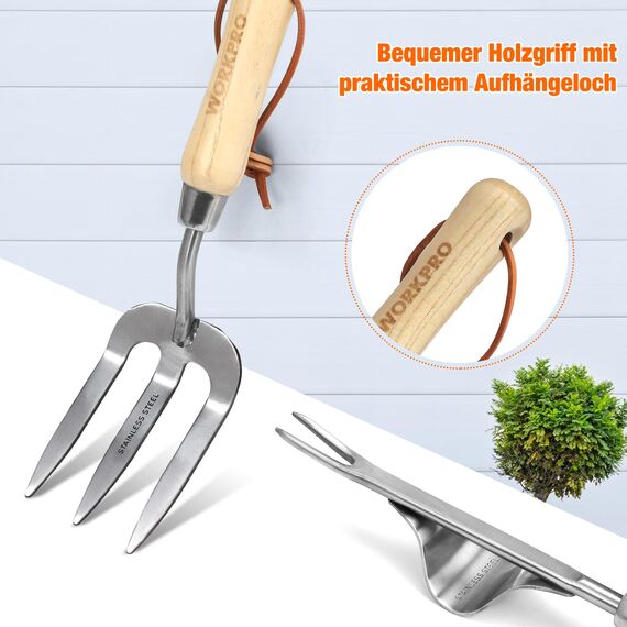WORKPRO Gartenwerkzeug Set, 8 in 1 Gartengeräte mit Aufbewahrungstasche, aus Edelstahl, Gartenschaufel mit Holzgriff, Blumenschere, Gartenkralle, Handgrubber, Geschenk für Gärtnerinnen und Gärtner