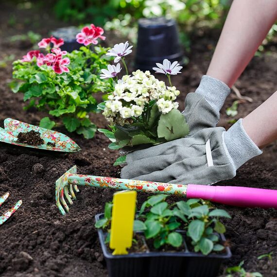 Colwelt Blumen-Gartenwerkzeug-Set, 6-teilig, Garten-Set mit schönem Aufdruck, Gartengeschenke für Frauen mit Umpflanzkelle, Gabel, Handrechen, Kultivator, Gartenhandschuhe und Knieunterlage