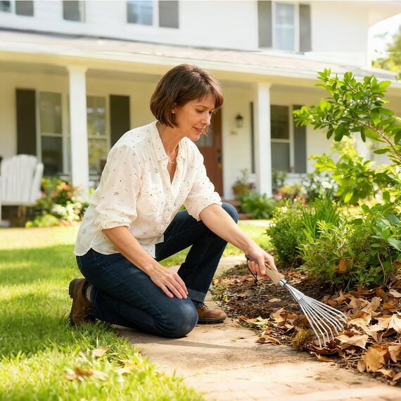 Berry&Bird Laubbesen mit kurzem Stiel, 37.3 cm Rechenbesen aus Edelstahl, Garten-Rechen mit Stiel aus Eschenholz, Kleinbesen für Rasen, Hand-Fächerbesen mit 9 Zinken für Garten Terrasse