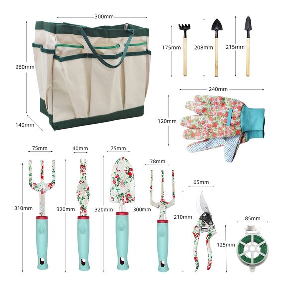 Gartenwerkzeug Set, 16 Stück Blumen Gartengeräte Set Garten-Handwerkzeug-Geschenkset，Gartengeschenke für Frauen und Männer, mit Gartenschere und Aufbewahrungstasche，Garten Zubehör Geschenk