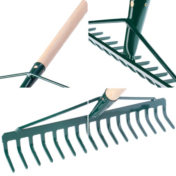 KADAX Rechen, breite Harke für Garten, Beet, Rasen, Gartenharke, Bügelrechen, Rasenrechen aus Metall, Laubrechen, Laubbesen, Gartengerät, Heurechen, Gartenwerkzeug (16 Zinken, Holzstiel)