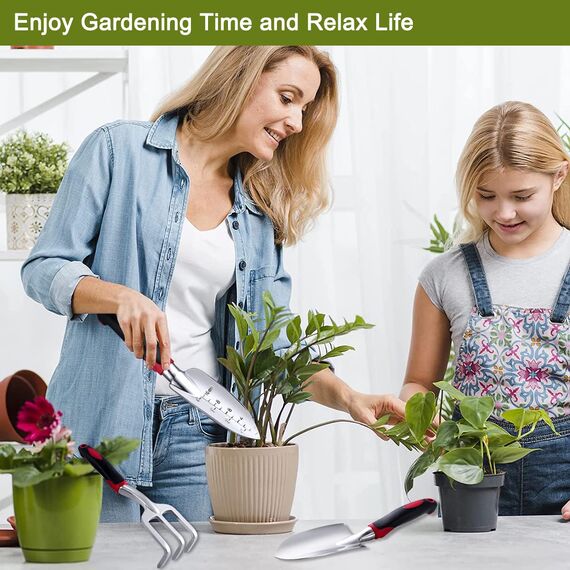 FANHAO 3-teiligem Gartenwerkzeug Set, Gartengeräte Set aus Edelstahl, Gartenset Werkzeug, Handkelle, Pflanzkelle, Harke (Rot)