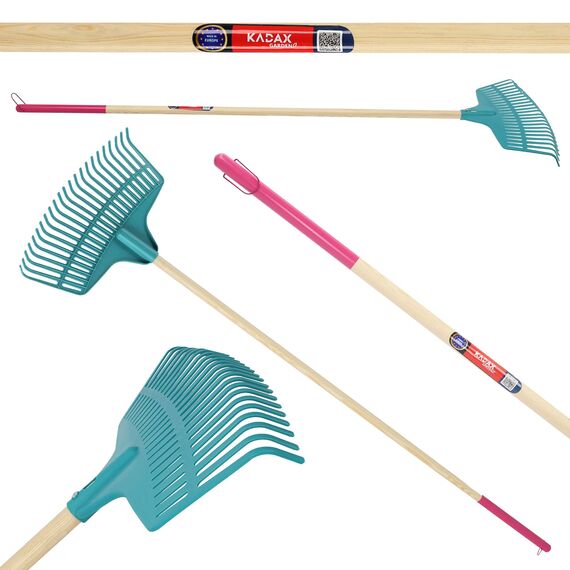 KADAX Rechen, Laubrechen aus Kunststoff für Damen, Harke mit langem Stiel aus Holz, Laubfächer für Garten, Bequeme Gartenharke, Laubbesen, Gartengerät, Gartenwerkzeug (45cm)