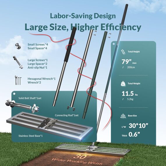 PLBBJH 75*25cm Rasen-Nivellierrechen – Rechen mit vollständig geschlossener Oberseite, strapazierfähiger Rasenausgleicher, kippt nicht so leicht, dicke Stange, Schaumstoffgriff, mattierter Feinkörnung