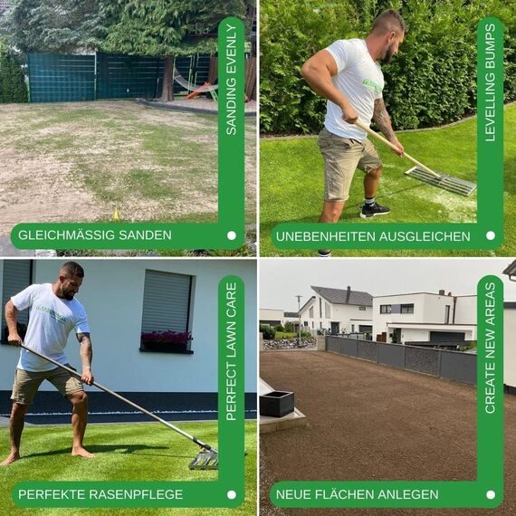 RISISANI® Rasenrakel | 80x30cm | V2A-Edelstahl rostfrei | 100% Made in Germany | Ohne Stiel | optionaler Adapter für Gardena Stiele separat erhältlich | Rasen sanden und Rakel