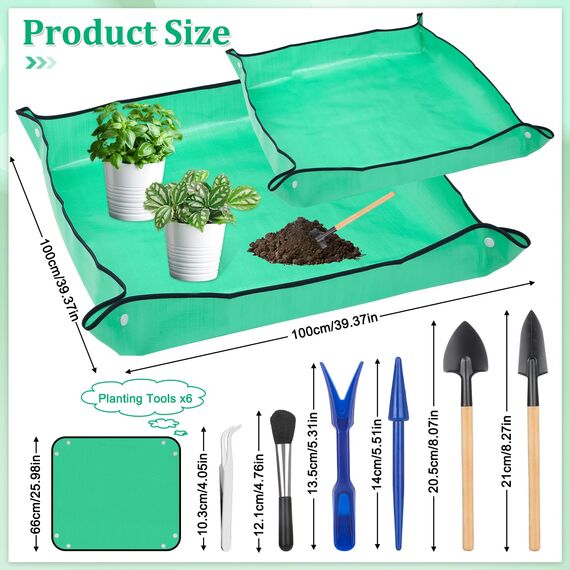 Pflanzen-Umtopfmatte für Garten, 2 Stück, wasserdichte Blumenmatte, faltbare Pflanzenmatte, Blumentablett mit 6 Mini-Gartenwerkzeug-Set für Pflanzenliebhaber, Gartenarbeit