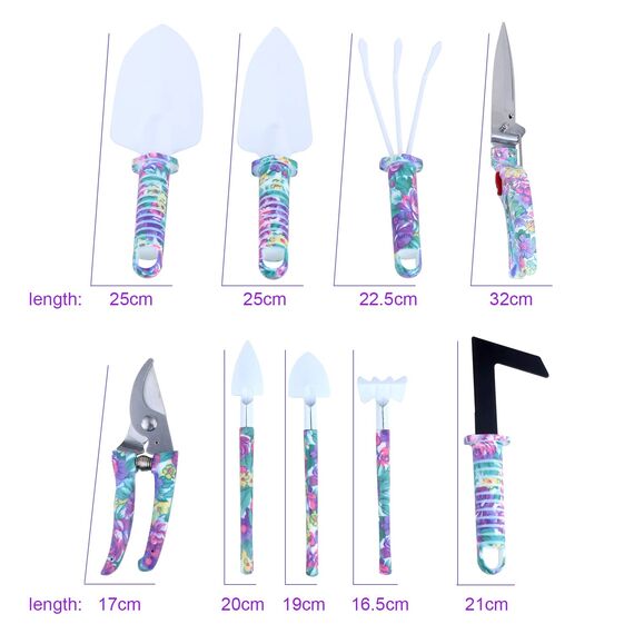 Coolty Gartengeräte Set, 10 Stück Gartenhandwerkzeuge mit lila Blumendruck Ergonomischer Griff Schaufel Spaten Rechen Egge Kelle Gartenschere Sprayer mit Tragetasche Gartengeschenke