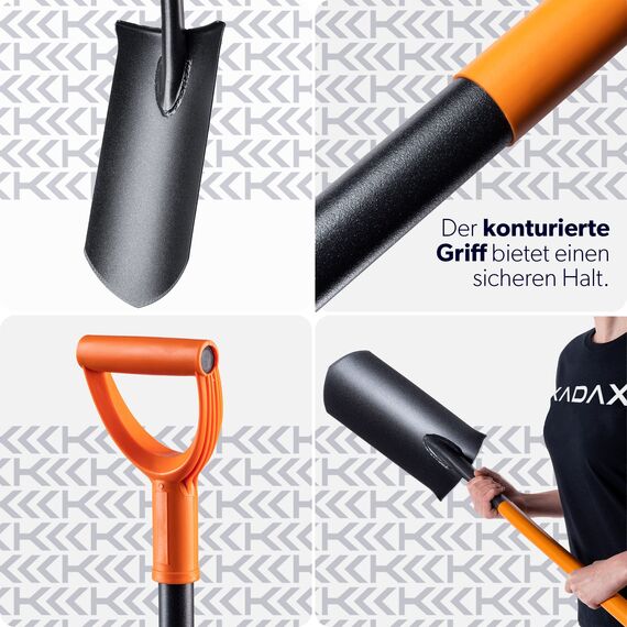 KADAX Drainierspaten, Drainagespaten mit D-Griff, Schaufel aus Stahl, Spitze Schaufel mit Stiel, Gartenspaten zum Löchergraben, Drainageschaufel, Spaten (121 cm, schwarz/orange)