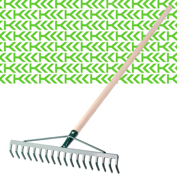 KADAX Rechen, breite Harke für Garten, Beet, Rasen, Gartenharke, Bügelrechen, Rasenrechen aus Metall, Laubrechen, Laubbesen, Gartengerät, Heurechen, Gartenwerkzeug (18 Zinken, Holzstiel)