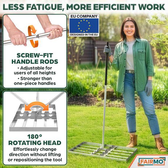 Der handliche Rasen Rakel Edelstahl (75x35 cm) von Fairmo [für sattgrünen Rasen] - Rakel für Rasen inkl. 2 Meter Stiel - Rasenpflege mit Nivellierrechen - Rasenrechen breit Sanden