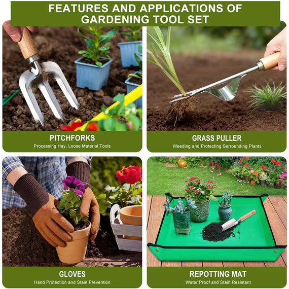 Kynup Gartenwerkzeug, 9-Teiliges Gartenwerkzeug-Set, Gartenset aus Edelstahl, Rostfreies Gartengeräte Geschenkset mit Robuster Aufbewahrungstasche, Ergonomischer Anti-Rutsch-Griff