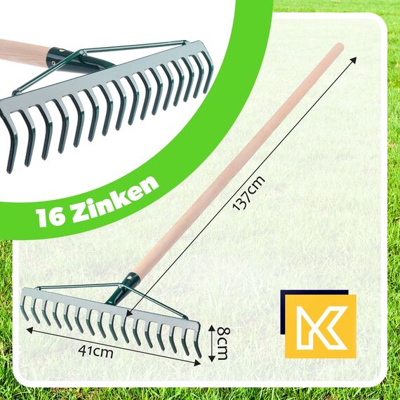KADAX Rechen, breite Harke für Garten, Beet, Rasen, Gartenharke, Bügelrechen, Rasenrechen aus Metall, Laubrechen, Laubbesen, Gartengerät, Heurechen, Gartenwerkzeug (16 Zinken, Holzstiel)