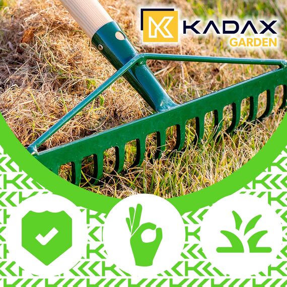 KADAX Rechen, breite Harke für Garten, Beet, Rasen, Gartenharke, Bügelrechen, Rasenrechen aus Metall, Laubrechen, Laubbesen, Gartengerät, Heurechen, Gartenwerkzeug (16 Zinken, Holzstiel)