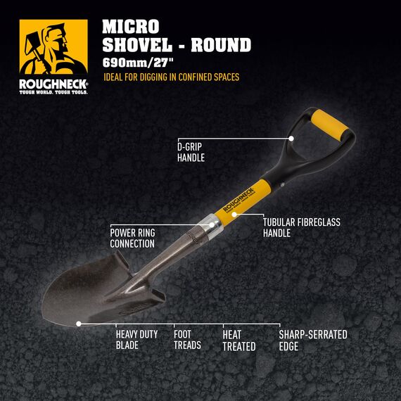 Roughneck Micro Schaufel (690 mm, zum Graben / Schaufeln auf engstem Raum, Klinge aus Karbonstahl, weicher Griff, Schaufel mit Trittkante, für Baustelle / Camping / Garten) 484170
