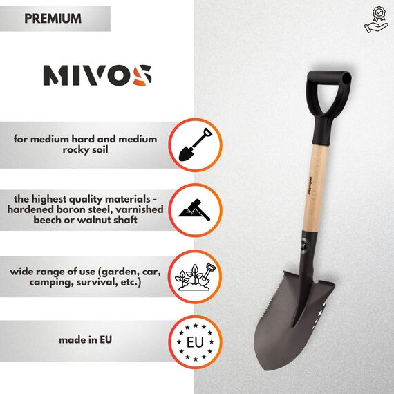 MIVOS Camping-Spaten aus Gehärtetem Borstahl - Länge 66 cm - Spatenschaufel - Survival-Schaufel mit Holzstiel - Kleiner Spitz-Spaten mit D-Griff - Grabspaten - Feldspaten - Made in EU