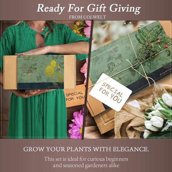 Colwelt Gartengeräte-Set, 8-teilig, Gartengeräte mit Holzgriff, einschließlich Gartentasche, Kniepolster, Handschuhe, Gartenschere, Kelle, Tulpenkelle, Grubber – Gartengeschenke für Damen und Herren