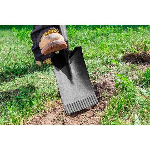 VERTO Gärtnerspaten Gerade Spaten mit wurzelsäge 125 cm Länge | Schaufel für Harte, steinige Böden | Fiberglasstiel, gehärteter Kopf, Rutschfester Griff, Profi T-Rex