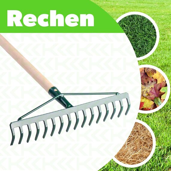 KADAX Rechen, breite Harke für Garten, Beet, Rasen, Gartenharke, Bügelrechen, Rasenrechen aus Metall, Laubrechen, Laubbesen, Gartengerät, Heurechen, Gartenwerkzeug (16 Zinken, Holzstiel)