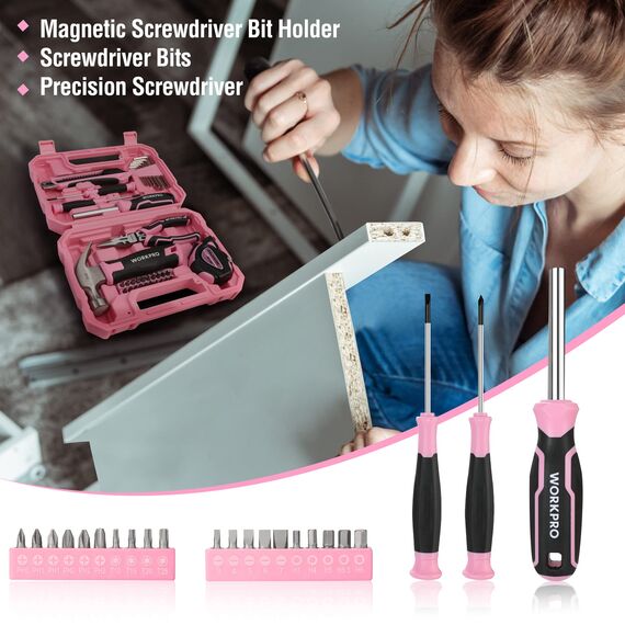 WORKPRO Werkzeugset 35tlg. Rosa Werkzeugsatz, Werkzeugkoffer bestückt, tägliche Werkzeuge, mit Schraubendreher, Zange, Maßband, Innensechskantschlüssel für Heimbedarf, Geschenk für DIY-Anfänger