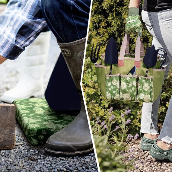 Colwelt Gartengeräte-Set, 8-teilig, Gartengeräte mit Holzgriff, einschließlich Gartentasche, Kniepolster, Handschuhe, Gartenschere, Kelle, Tulpenkelle, Grubber – Gartengeschenke für Damen und Herren