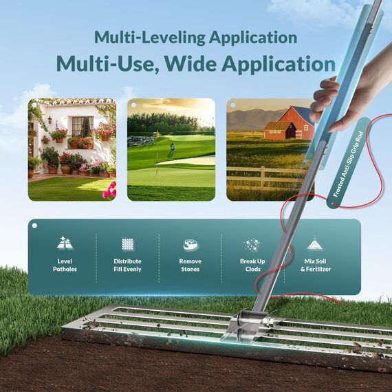 PLBBJH 75*25cm Rasen-Nivellierrechen – Rechen mit vollständig geschlossener Oberseite, strapazierfähiger Rasenausgleicher, kippt nicht so leicht, dicke Stange, Schaumstoffgriff, mattierter Feinkörnung