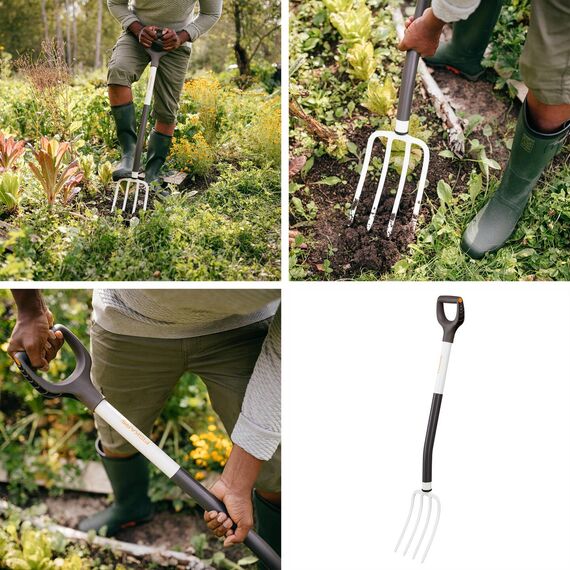 Fiskars Spatengabel für weiche, lockere Böden, Mit 4 Zinken, Länge: 105 cm, Zinken und Stiel aus hochwertigem Stahl, Schwarz/Weiß, White, 1070715