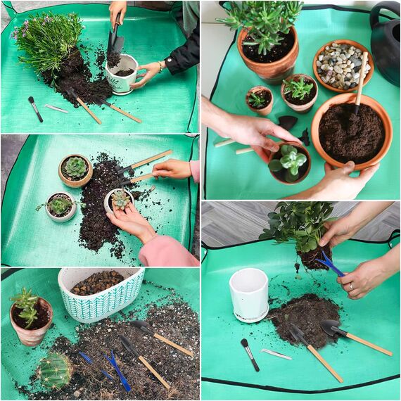 Pflanzen-Umtopfmatte für Garten, 2 Stück, wasserdichte Blumenmatte, faltbare Pflanzenmatte, Blumentablett mit 6 Mini-Gartenwerkzeug-Set für Pflanzenliebhaber, Gartenarbeit