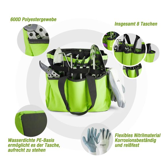WORKPRO Gartenwerkzeug Set, 8 in 1 Gartengeräte mit Aufbewahrungstasche, aus Edelstahl, Gartenschaufel mit Holzgriff, Blumenschere, Gartenkralle, Handgrubber, Geschenk für Gärtnerinnen und Gärtner