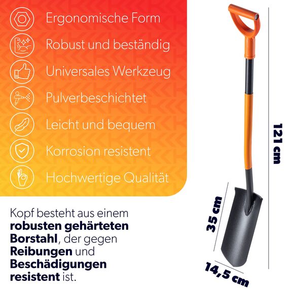 KADAX Drainierspaten, Drainagespaten mit D-Griff, Schaufel aus Stahl, Spitze Schaufel mit Stiel, Gartenspaten zum Löchergraben, Drainageschaufel, Spaten (121 cm, schwarz/orange)