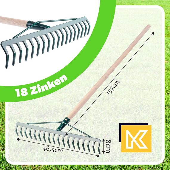 KADAX Rechen, breite Harke für Garten, Beet, Rasen, Gartenharke, Bügelrechen, Rasenrechen aus Metall, Laubrechen, Laubbesen, Gartengerät, Heurechen, Gartenwerkzeug (18 Zinken, Holzstiel)