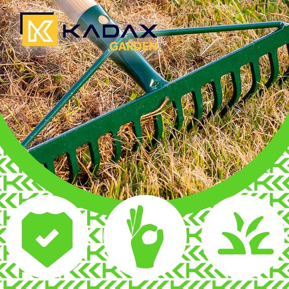 KADAX Rechen, breite Harke für Garten, Beet, Rasen, Gartenharke, Bügelrechen, Rasenrechen aus Metall, Laubrechen, Laubbesen, Gartengerät, Heurechen, Gartenwerkzeug (18 Zinken, Holzstiel)