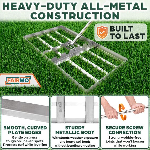 Der handliche Rasen Rakel Edelstahl (75x35 cm) von Fairmo [für sattgrünen Rasen] - Rakel für Rasen inkl. 2 Meter Stiel - Rasenpflege mit Nivellierrechen - Rasenrechen breit Sanden