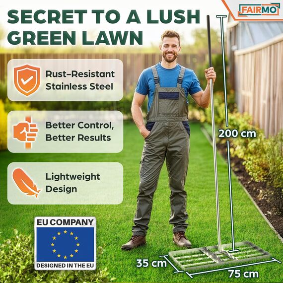 Der handliche Rasen Rakel Edelstahl (75x35 cm) von Fairmo [für sattgrünen Rasen] - Rakel für Rasen inkl. 2 Meter Stiel - Rasenpflege mit Nivellierrechen - Rasenrechen breit Sanden
