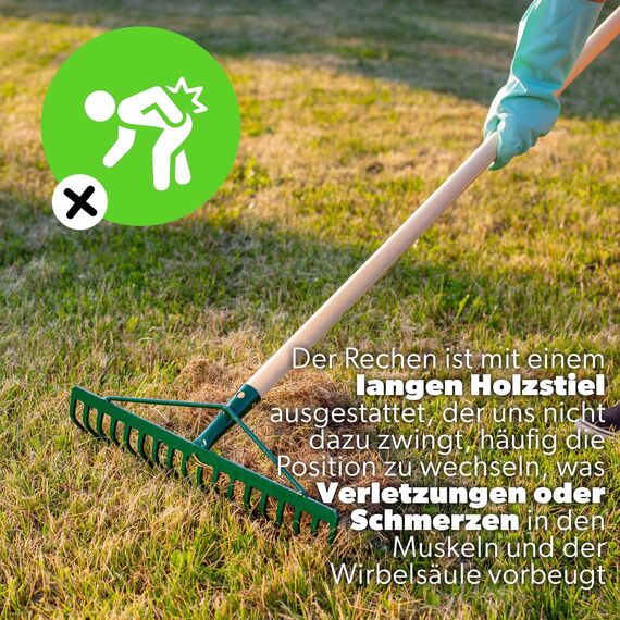 KADAX Rechen, breite Harke für Garten, Beet, Rasen, Gartenharke, Bügelrechen, Rasenrechen aus Metall, Laubrechen, Laubbesen, Gartengerät, Heurechen, Gartenwerkzeug (18 Zinken, Holzstiel)