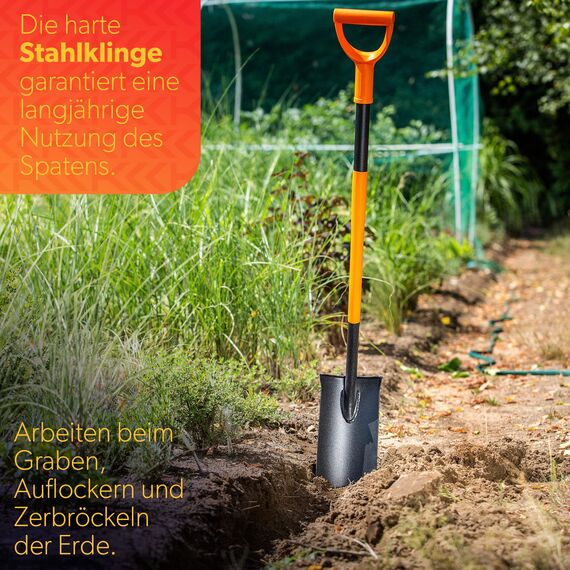KADAX Drainierspaten, Drainagespaten mit D-Griff, Schaufel aus Stahl, Spitze Schaufel mit Stiel, Gartenspaten zum Löchergraben, Drainageschaufel, Spaten (121 cm, schwarz/orange)