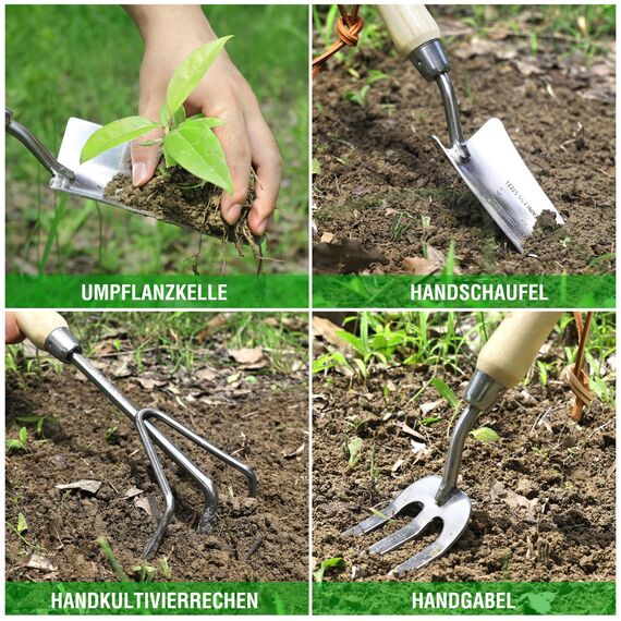 WORKPRO Gartenwerkzeug Set, 8 in 1 Gartengeräte mit Aufbewahrungstasche, aus Edelstahl, Gartenschaufel mit Holzgriff, Blumenschere, Gartenkralle, Handgrubber, Geschenk für Gärtnerinnen und Gärtner