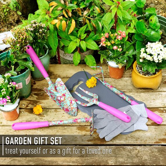 Colwelt Blumen-Gartenwerkzeug-Set, 6-teilig, Garten-Set mit schönem Aufdruck, Gartengeschenke für Frauen mit Umpflanzkelle, Gabel, Handrechen, Kultivator, Gartenhandschuhe und Knieunterlage