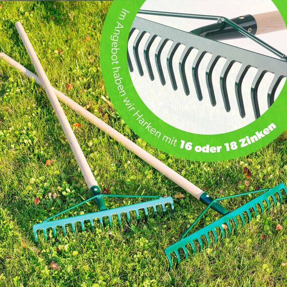 KADAX Rechen, breite Harke für Garten, Beet, Rasen, Gartenharke, Bügelrechen, Rasenrechen aus Metall, Laubrechen, Laubbesen, Gartengerät, Heurechen, Gartenwerkzeug (18 Zinken, Holzstiel)
