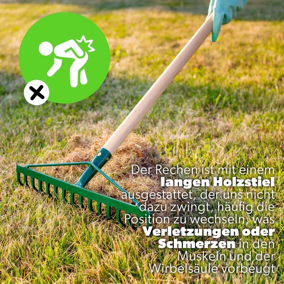KADAX Rechen, breite Harke für Garten, Beet, Rasen, Gartenharke, Bügelrechen, Rasenrechen aus Metall, Laubrechen, Laubbesen, Gartengerät, Heurechen, Gartenwerkzeug (16 Zinken, Holzstiel)