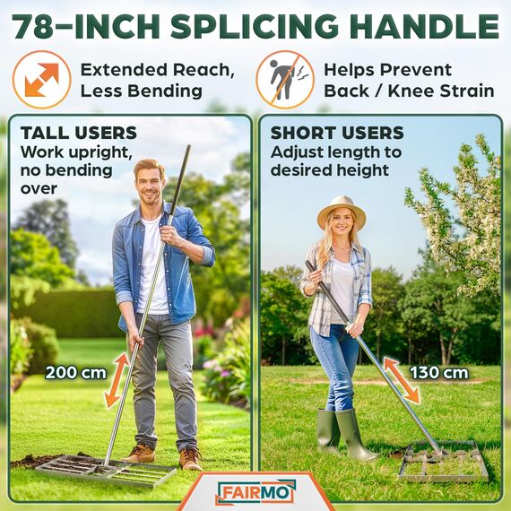 Der handliche Rasen Rakel Edelstahl (75x35 cm) von Fairmo [für sattgrünen Rasen] - Rakel für Rasen inkl. 2 Meter Stiel - Rasenpflege mit Nivellierrechen - Rasenrechen breit Sanden