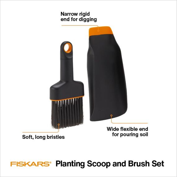 Fiskars Pflanzerde Schaufel und Bürste Set Gartenwerkzeug für Indoor-Gartenarbeit, Durcheinander zum Umpflanzen und Umtopfen, hergestellt aus recyceltem Kunststoff