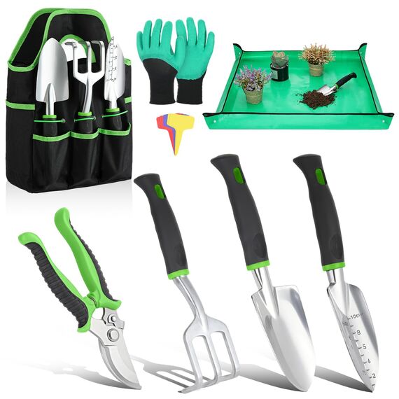 Housolution Gartengeräte Set, 8 PCS Gartenarbeit-Handwerkzeug-Set, Robust Aluminiumlegierung Gartenarbeit Zubehör mit Gummi Storage Tote Bag, Grün