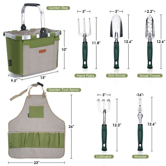 HappyPicnic Gartengeräte-Set mit 11 Stück Handwerkzeugen, Gartenwerkzeug-Tasche mit Hochleistungswerkzeugen, Gartenwerkzeug-Kit mit faltbarem Griff, Gartengeschenke für den Erntedankfest der Mutter